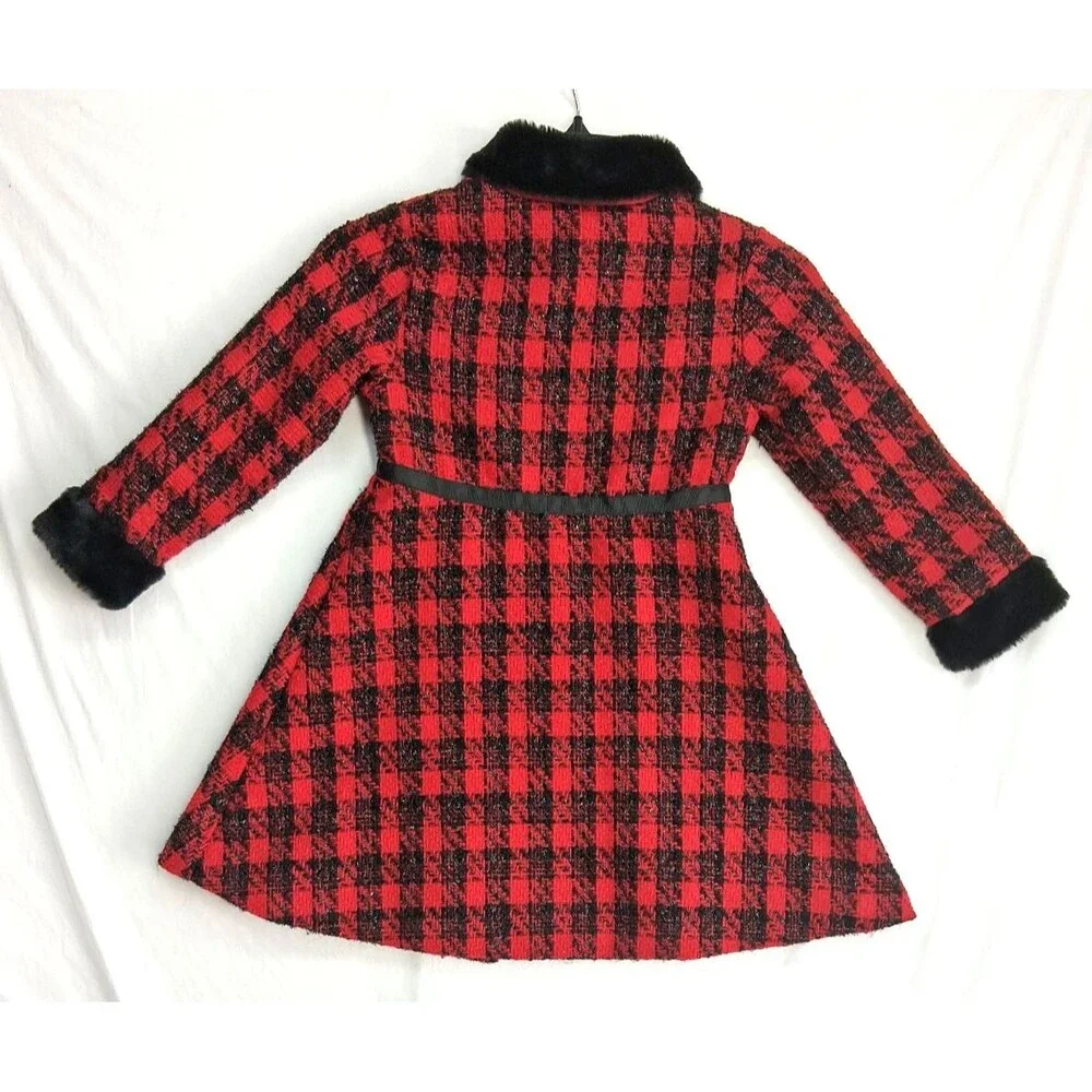 Blueberi Boulevard Girls 6 Red Holiday Christmas Over Coat Faux Fur Plaid